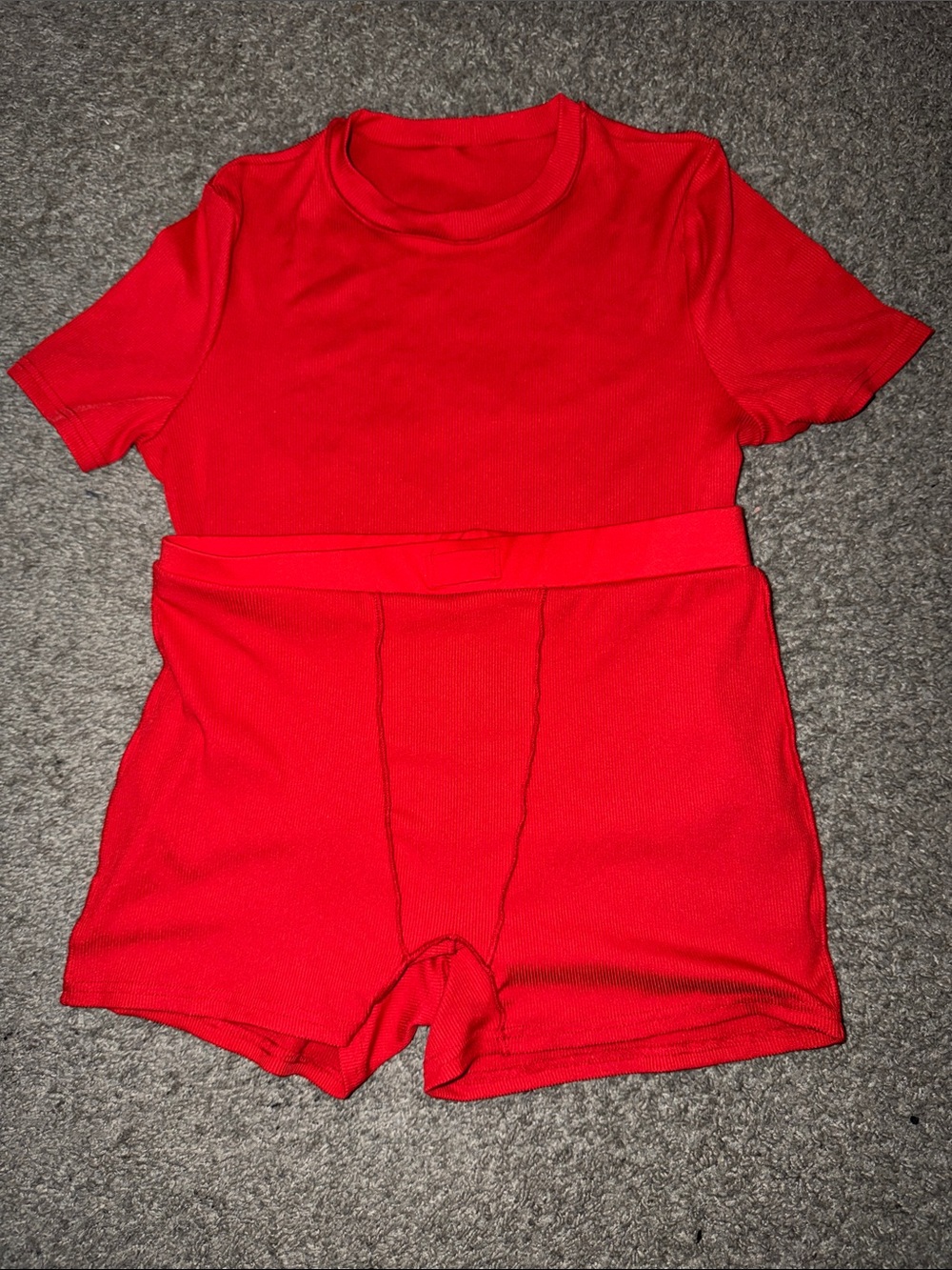 Red Women's Ribbed Pajama Set - Short Sleeve Top & Shorts